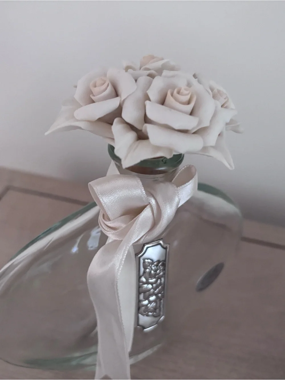 2-1 Plated Silver Floral Picture Frame & Glass Bottle - Cream Flowery Ribbon